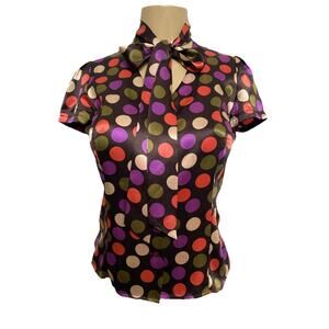 Herve Leger Silk Top Blouse Button Up Tie Satin Short Sleeve Shirt Polka Dot 2